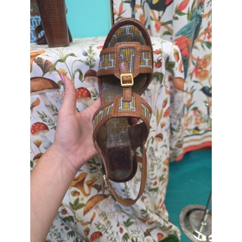Tory Burch Florian Aztec Block Heel Sandals Tan Leather Ankle Strap Women 9 M - Picture 8 of 13